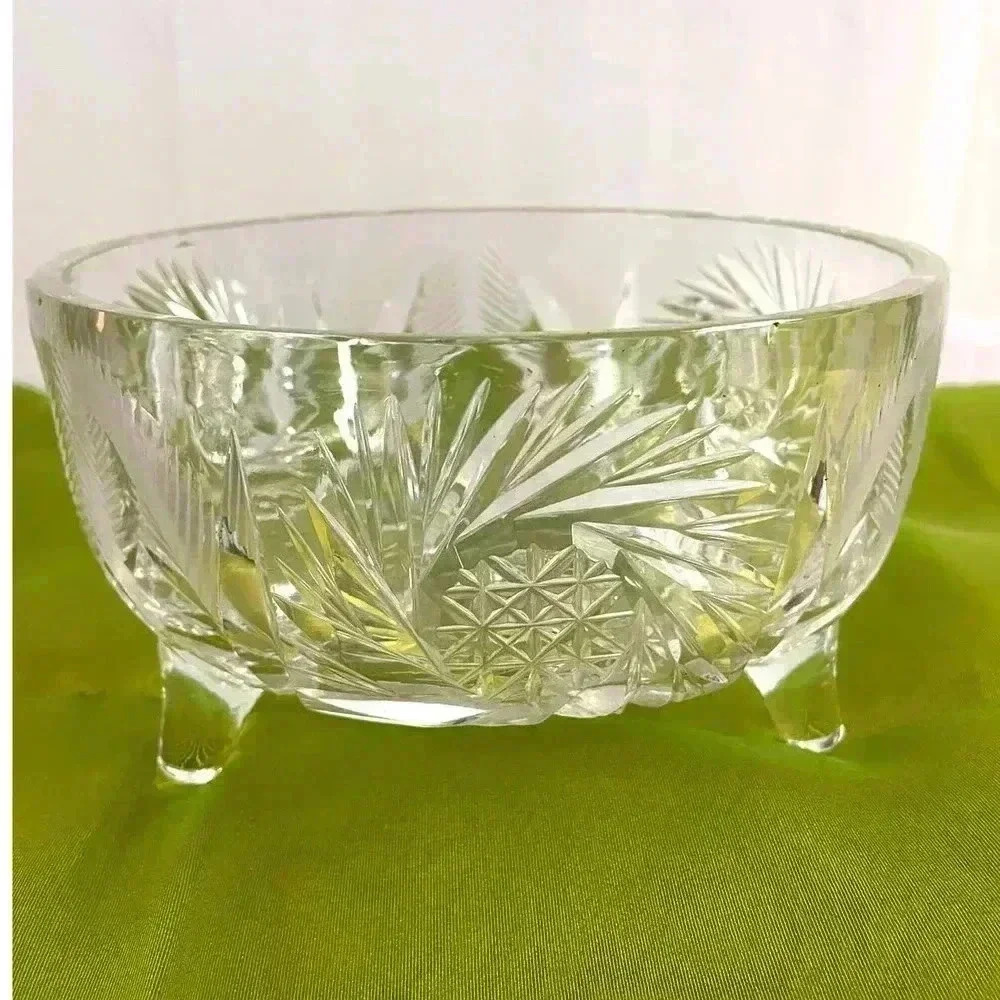 VTG‎ American Brilliant Clear Cut Glass 3 Footed Bowl Fan & Hobstar Pattern